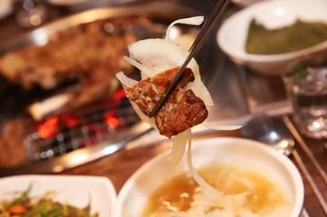 Korean barbecue. marinated beef rib bbq