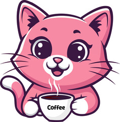 Cute pink cartoon cat holding a steaming cup of coffee, smiling warmly, perfect for coffee lovers and kawaii art fans.