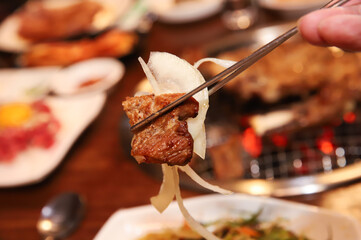 Korean barbecue. marinated beef rib bbq