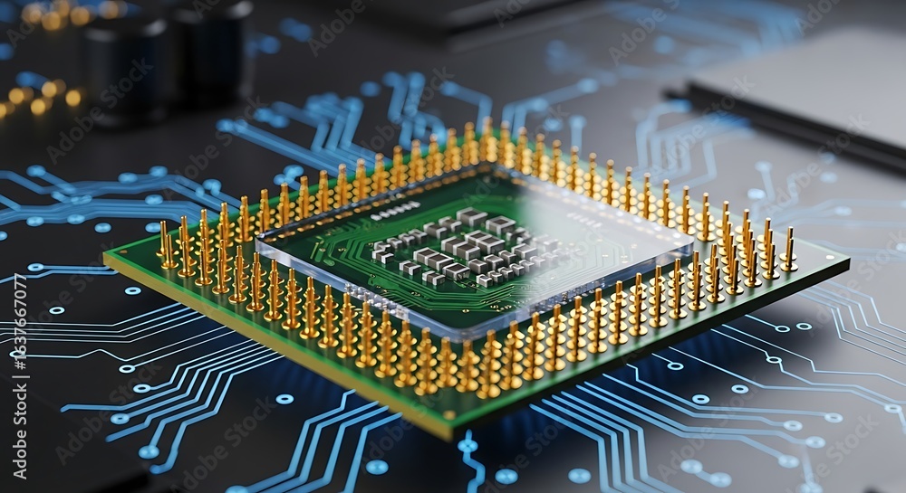 Poster detailed view of a computer processor with numerous gold pins and a green circuit board, highlightin