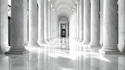 Obraz premium A grand colonnaded hall with polished marble floors.