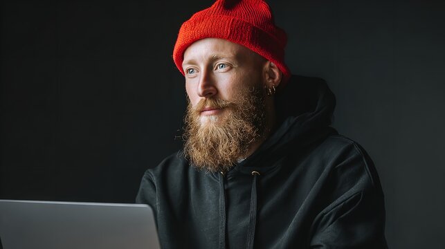 A contemplative ginger bearded man in a bright red beanie coding with focus and determination illuminated by laptop