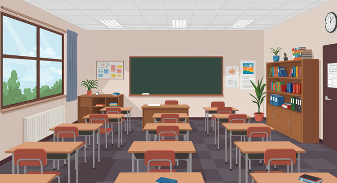 Empty Classroom with Desks and Blackboard Illustration Silhouette