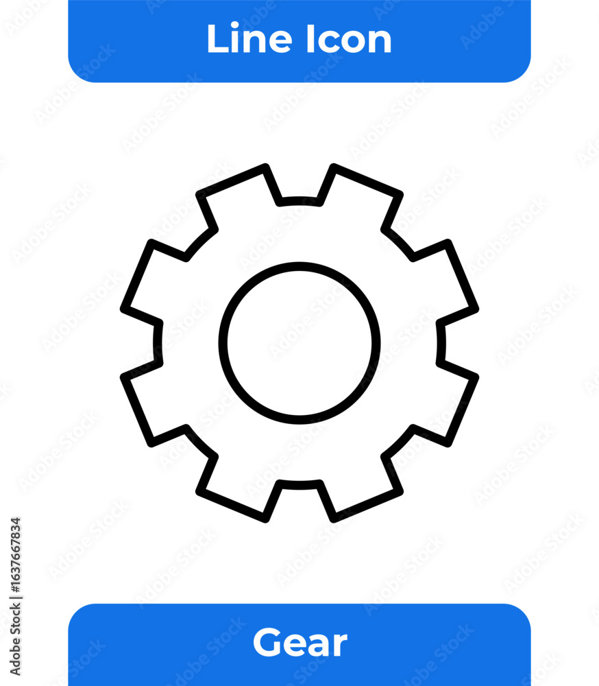 Poster gear outline icon for industrial mechanical and engineering system design on white isolated backgrou
