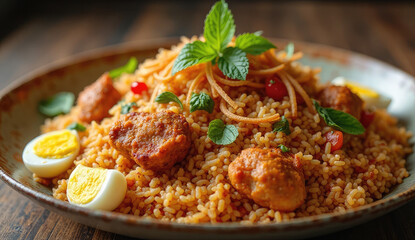 Delicious dish of flavorful rice with meatballs and garnishes