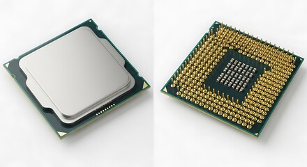 Central processing unit cpu and its underside with pins, isolated on white background