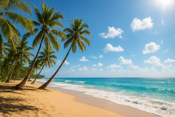 Fototapeta premium Tropical Coconut Palm Trees on Beach with Turquoise Sea and Blue Sky