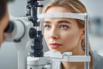 The woman checking the eye vision in ophthalmology clinic.