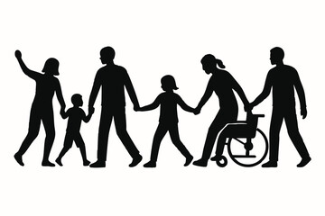 Obraz premium Inclusive Family Walking Together Silhouette Representing Diversity and Support and Love and Bonding and Companionship and Accessibility