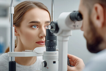 The woman checking the eye vision in ophthalmology clinic.