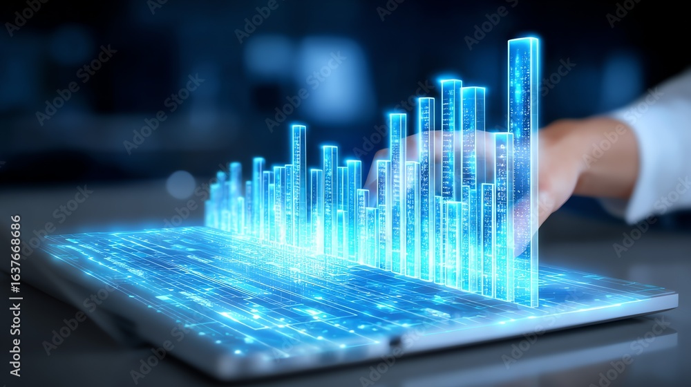 Aufkleber a hand interacts with a glowing, digital data visualization resembling a bar graph projected from a 
