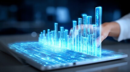 A hand interacts with a glowing, digital data visualization resembling a bar graph projected from a sleek tablet, symbolizing technological advancement and data analysis.