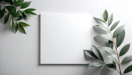 Captivating nature scene with fresh green leaves and blank canvas minimalist design calm environment top-down view creative concept