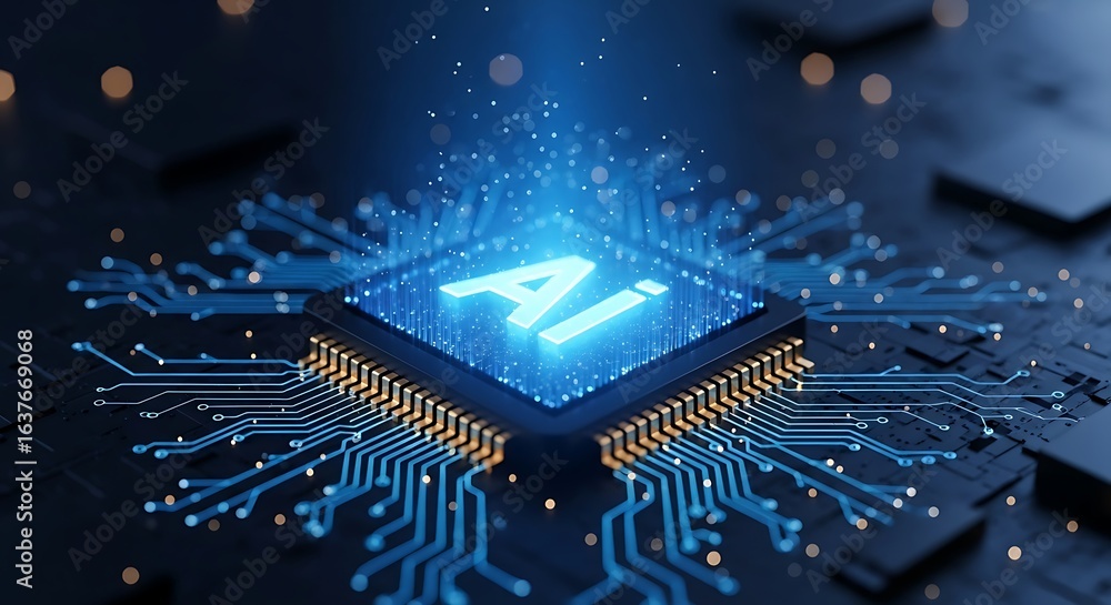 Poster artificial intelligence ai chip glowing with blue light and connected to circuits, representing adva
