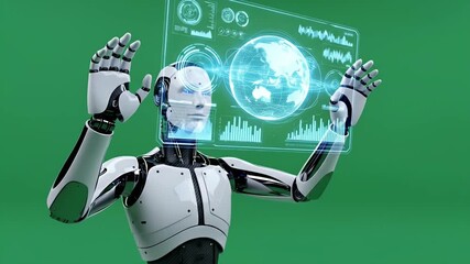 A 3D animated robot using a holographic interface for chroma key on a green screen - Powered by Adobe