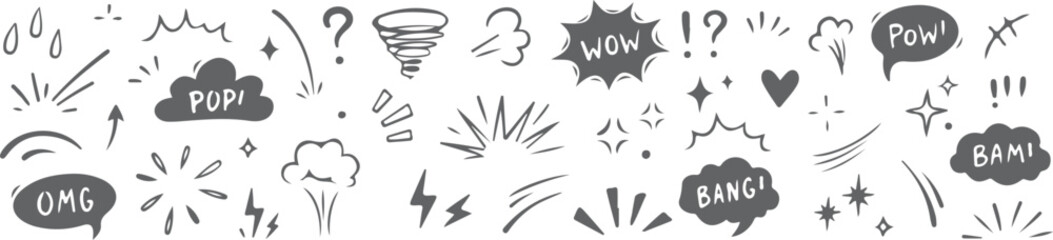 Comic boom cartoon effect line element set. Comic speech bubble pow, boom text, explosive splash smoke, wow cartoon vector icon. Hand drawn sketch doodle explosive element. Vector illustration
