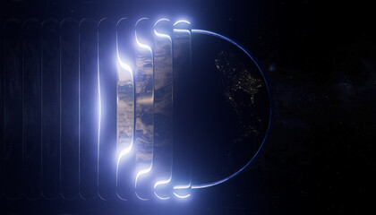 3D glowing earth split into luminous glass layers in space