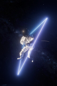 3D astronaut floating in space crossing a glowing triangular portal