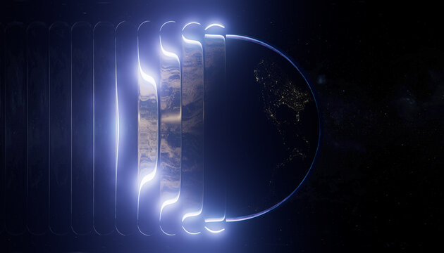 3D glowing earth split into luminous glass layers in space