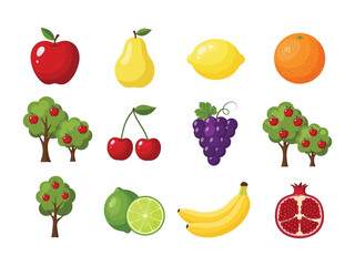 Orchard Bounty: A vibrant collection of assorted fresh fruit, including a juicy red apple, a sun-kissed orange, sweet grapes, and ripe cherries and orchard trees, celebrating nature's delicious gifts.