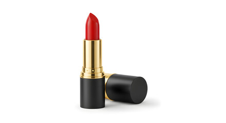 Elegant open tube of vibrant red lipstick in a luxurious black and gold case, isolated on a seamless white background.