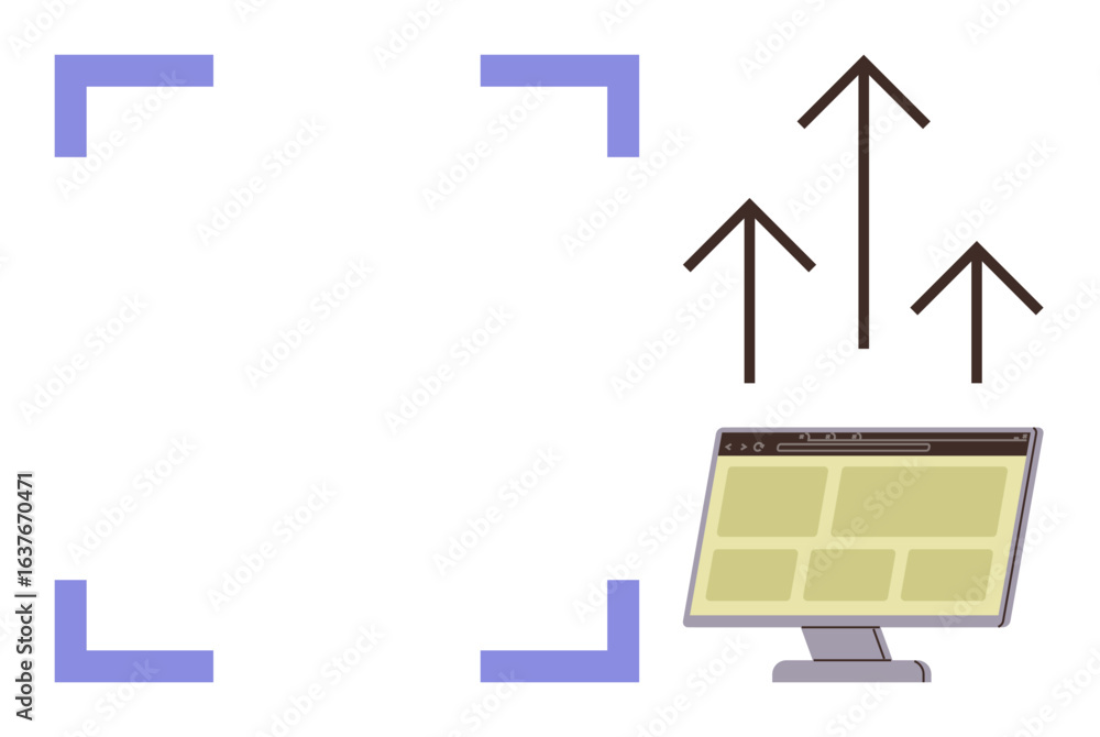 Aufkleber computer screen with web layout and blue upward arrows symbolizing growth, progress, and development