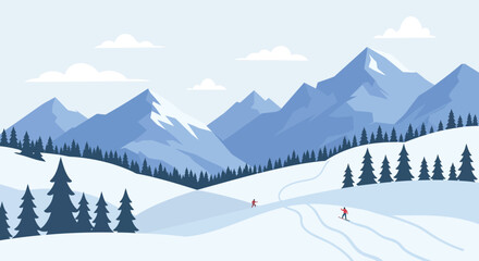 Winter Mountain Landscape with Skiers in a Snowy Valley silhouette © Kuntol02