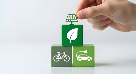 Building a sustainable future with renewable energy sources. Hand stacking green blocks with solar, leaf, electric car, and bicycle icons