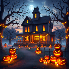 Spooky Halloween night background with bats flying over a haunted house and pumpkin silhouette illustration