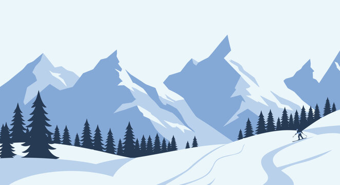 Winter Landscape with Skier and Mountain Peaks Silhouette