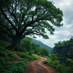 Fototapeta premium A winding dirt path leads past a large tree with sprawling branches in a lush green landscape view