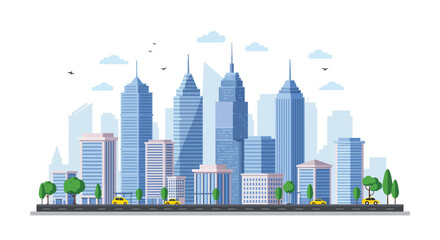 Modern Cityscape with Skyscrapers and Trees in Silhouette Style silhouette