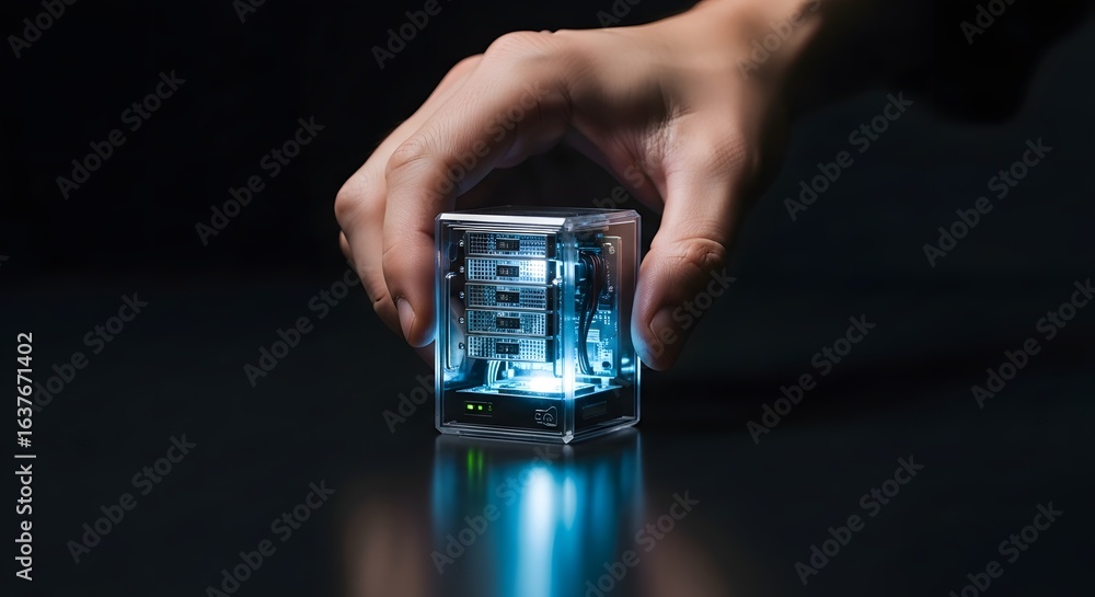 Poster human hand holding a small, glowing cube containing advanced server technology, symbolizing digital 
