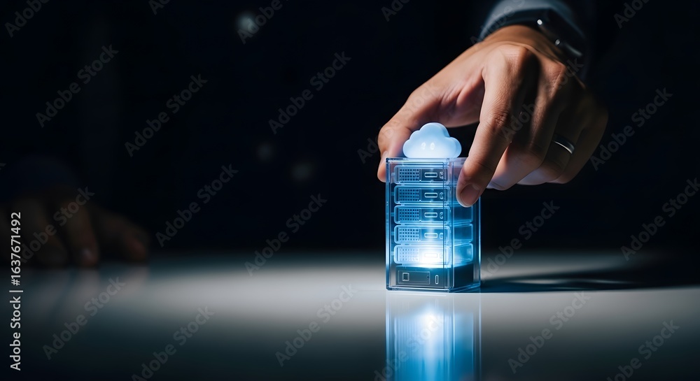 Poster a businessman's hand assembles a glowing digital infrastructure with a miniature cloud server block,