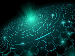 Fototapeta premium Futuristic digital illustration of glowing teal energy vortex over hexagonal grid image