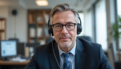 Confident businessman wearing headphones, ready for virtual meeting in modern office