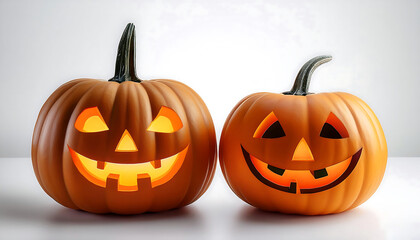 Two Carved Halloween Pumpkins With Glowing Faces on a White Background.Generative AI.