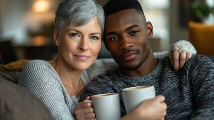 Interracial couple cozy home moment mature white woman short silver hair young Black man holding coffee mugs warm natural lighting