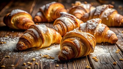 Warm golden croissants dusted with powdered sugar and nuts, a delightful breakfast feast on rustic wood