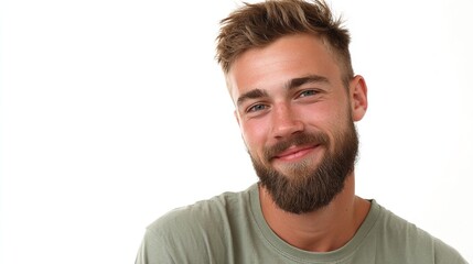 Fototapeta premium A handsome bearded man with kind blue eyes smiles warmly radiating approachability and charm set against a clean bright