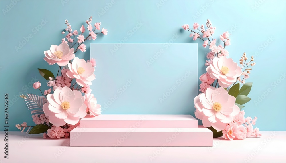 Poster floral display with blank canvas studio setting decorative setup soft lighting aesthetic concept for