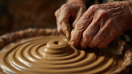 Sculptural hands crafting traditional pottery with elderly artisan's veined fingers forming wet clay on wheel capturing beautiful contrast between rough aged skin and smooth ceramic