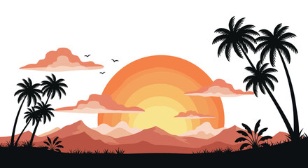 Tropical Sunset Landscape with Palm Trees and Mountains silhouette