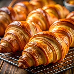 Golden flaky croissants cooling on a rustic wooden table, perfect for breakfast or bakery marketing