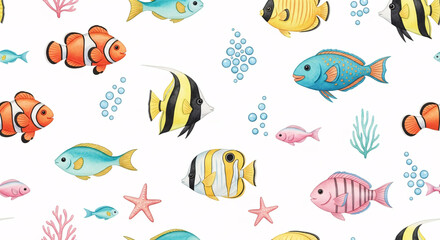 Naklejka premium Colorful Tropical Fish Clipart Pattern – Underwater Marine Life with Coral, Starfish and Ocean Bubbles 