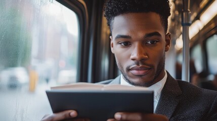 Subway readers professional Black male passenger absorbed in digital device while traveling on train with window lighting