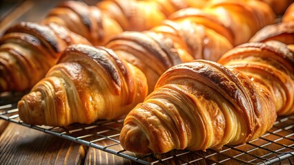 Golden, flaky croissants cooling on a rustic rack, a perfect morning bakery treat