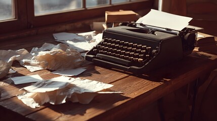 Vintage typewriter on a wooden desk with crumpled papers.