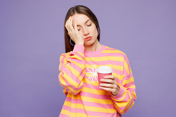 Young woman she wearing yellow sweatshirt casual clothes hold takeaway delivery craft paper brown...