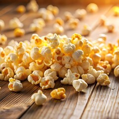 Warm golden popcorn scattered across rustic wooden planks, inviting comfort and delicious snack time.